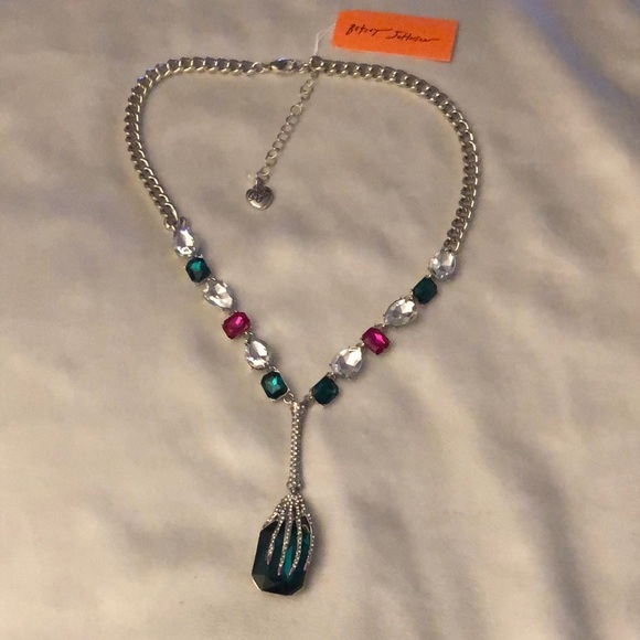 Betsey Johnson Silver Tone Skeleton Hand Y Drop Pendant Necklace Crystal NWT - Picture 7 of 16